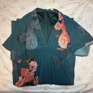 Wayward Fancies by eShakti Teal Floral Plunge Maxi Dress – Best Fits Medium